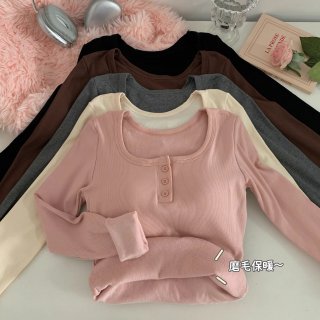 [With Chest Pads] Square Neck Fleece-Lined T-Shirt for Women, Autumn/Winter Slim Fit Warm Short-Sleeve Inner Layer Base Shirt