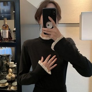 MR Ribbed German Fleece Half-High Neck Double-Sided German Fleece Base Layer Top for Women, Autumn and Winter, Solid Color, Slim Fit, Long Sleeve