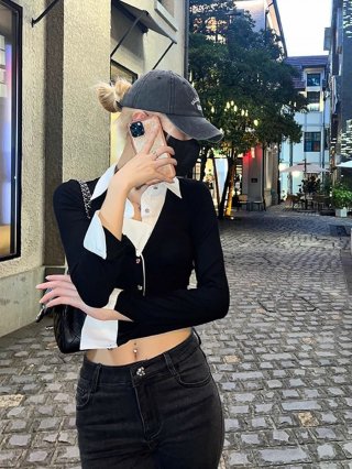 Black and white color-blocked short shirt, faux two-piece knitted cardigan, long-sleeved slim-fit top for women, autumn.