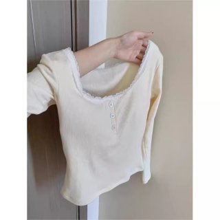 [With Bra Pads] Long-sleeved Lace-trimmed T-shirt for women, sweet and warm for winter, with bra pads, versatile and sexy base layer.
