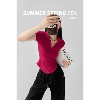 Pure and sexy red collared slim-fit short-sleeved T-shirt for women, flattering and slimming, solid color, stretchy and waist-cinching.