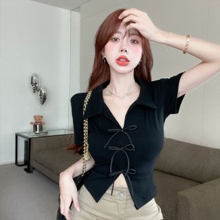 Pure and sweet, spicy bow-tie polo collar short-sleeved t-shirt for women, summer design, niche French style, short and straight shoulder.