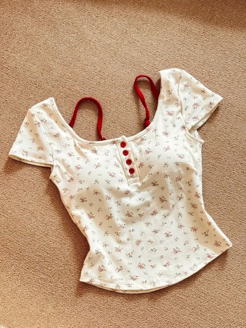 Women's Summer New Style Short-Sleeve T-Shirt with Padded Bra and Faux Two-Piece Design, Unique and Sexy, Backless