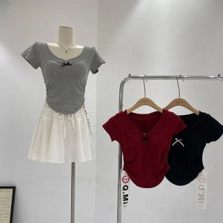 MR 260g Design Backless Bow V-Neck Short-Sleeve T-Shirt for Women, Slim Fit