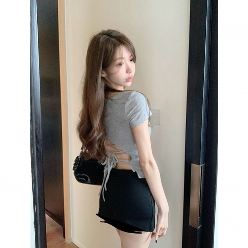 MR Modal Cotton 2*2 Pure Desire Gray Square Neck T-Shirt for Women, Sweet, Spicy, Sexy, Backless, Slim Fit