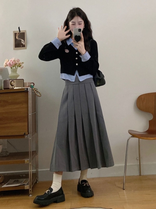 MR [Original Version] Plus Size Curvy Women's College Style Suit Set for Autumn: Color Block Faux Two-Piece Long Sleeve Top