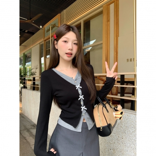 MR [Imitation Cotton Ribbed] Long-Sleeve Faux Two-Piece T-Shirt for Women, Autumn, Slimming Waist, Color Blocking Top, Niche Sweet Style