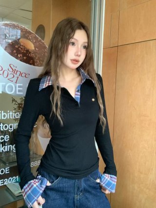 MR [Tmall Quality] Faux Two-Piece Plaid Polo Collar Shirt, Autumn Black Long-Sleeve Inner Layer
