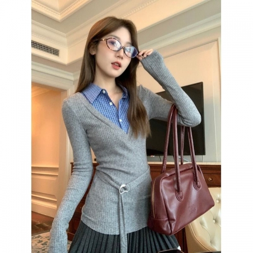 MR polo collar plaid patchwork faux two-piece knit top for women, autumn slim fit waist-cinching base layer