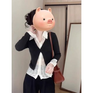 MR [Original Recipe] French Style Straight Shoulder Faux Two-Piece Shirt Women's Autumn Long-Sleeve Shirt, Concealing and Slimming