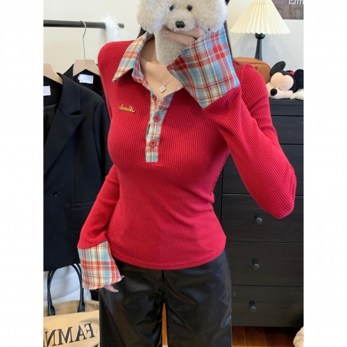 MR [Original Fabric, High Quality] Hot Girl Plaid Polo Collar Long Sleeve Women's Autumn and Winter Slim Fit