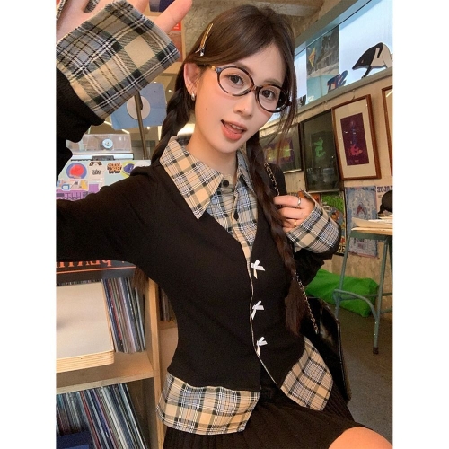 MR [Original Recipe] Sweet and Spicy Style Bowknot Long-Sleeved Women's Autumn and Winter Faux Two-Piece Slim Fit Patchwork Plaid Top