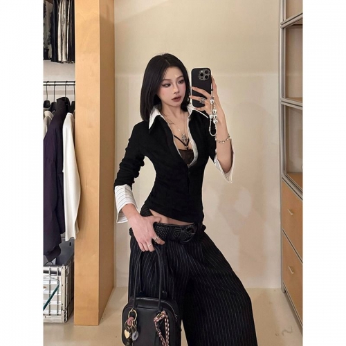 MR [Original Recipe] American Hot Girl V-Neck Long Sleeve T-Shirt Women's Autumn Design Faux Two-Piece Shirt