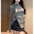 MR [Original German Velvet Ribbed Fabric] French Tie-Neck Base Layer Women's Autumn and Winter Thickened German Velvet Long