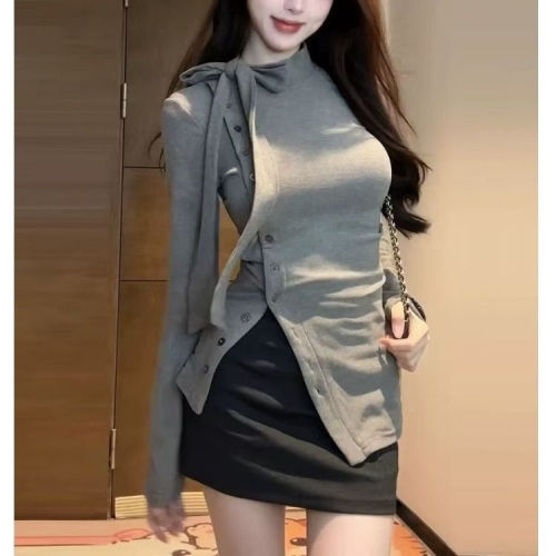 MR [Original German Velvet Ribbed Fabric] French Tie-Neck Base Layer Women's Autumn and Winter Thickened German Velvet Long