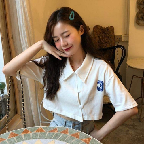 Summer Retro Polo Neck Short Sleeve T-Shirt for Female Students, Korean Style, Slimming, Versatile, Crop Top Summer Retro Polo Neck Short Sleeve T-Shirt for Female Students, Korean Style, Slimming, Versatile, Crop Top