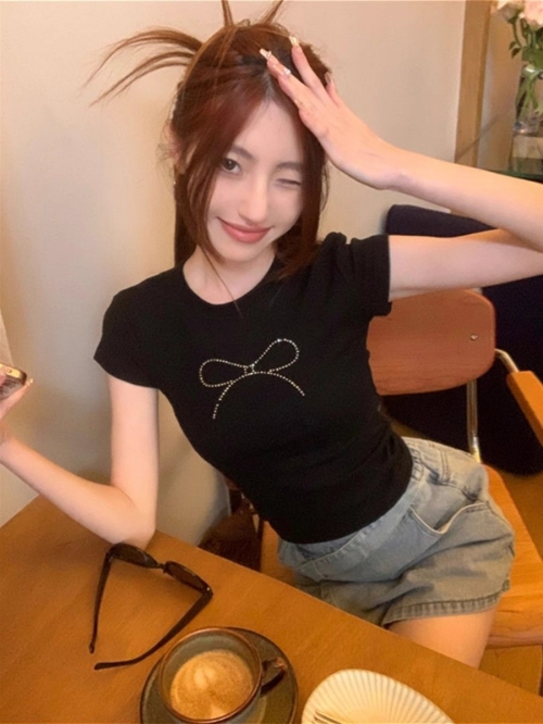 1*1 Pure Cotton High Elasticity Rhinestone Bow Short-Sleeve T-Shirt for Women, Summer Black Sexy Top 1*1 Pure Cotton High Elasticity Rhinestone Bow Short-Sleeve T-Shirt for Women, Summer Black Sexy Top