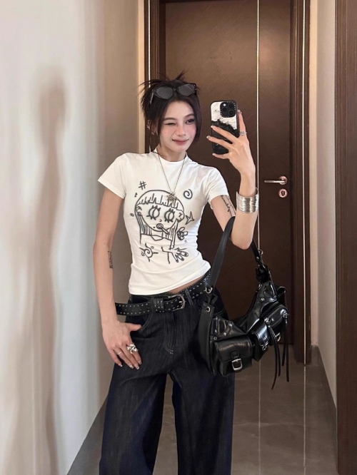 [1*1 Pure Cotton Regular Style] Printed Straight Shoulder Regular Short Sleeve High Elasticity New Summer Slim Fit