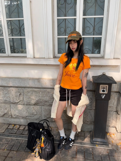 [1*1 Pure Cotton Regular Style] Printed Straight Shoulder Regular Short Sleeve High Elasticity New Summer Slim Fit