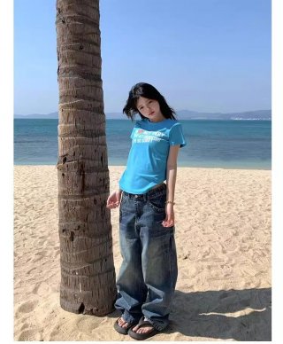 [1*1 Pure Cotton Regular Style] Printed Straight Shoulder Regular Short Sleeve High Elasticity New Summer Slim Fit