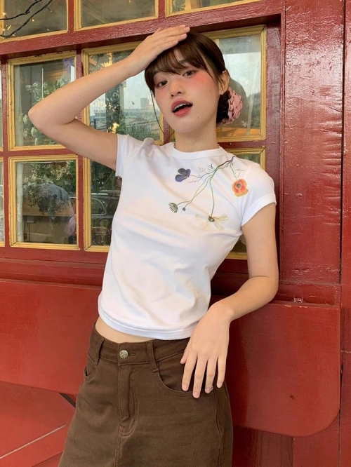 [1*1 Pure Cotton Regular Style] Printed Straight Shoulder Regular Short Sleeve High Elasticity New Summer Slim Fit