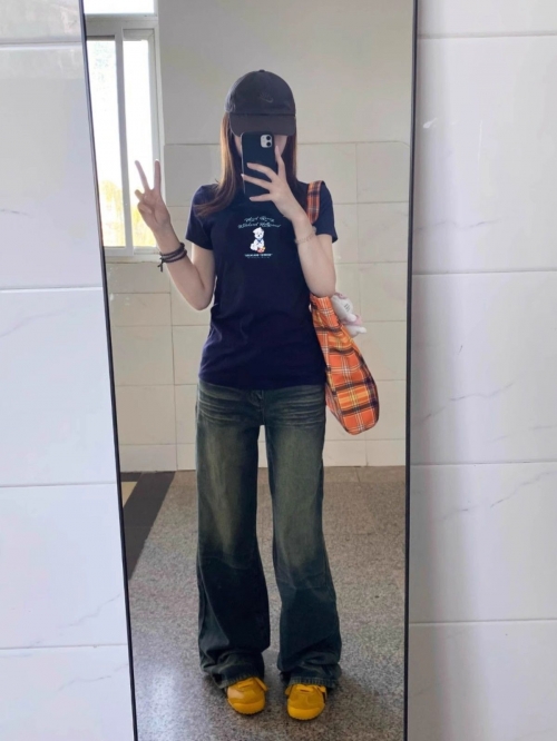 [1*1 Pure Cotton Regular Style] Printed Straight Shoulder Regular Short Sleeve High Elasticity New Summer Slim Fit