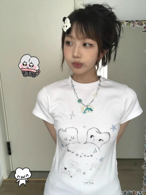 [1*1 Pure Cotton Regular Style] Printed Straight Shoulder Regular Short Sleeve High Elasticity New Summer Slim Fit