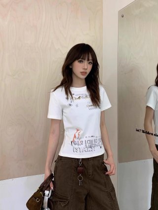 [1*1 Pure Cotton Regular Style] Printed Straight Shoulder Regular Short Sleeve High Elasticity New Summer Slim Fit