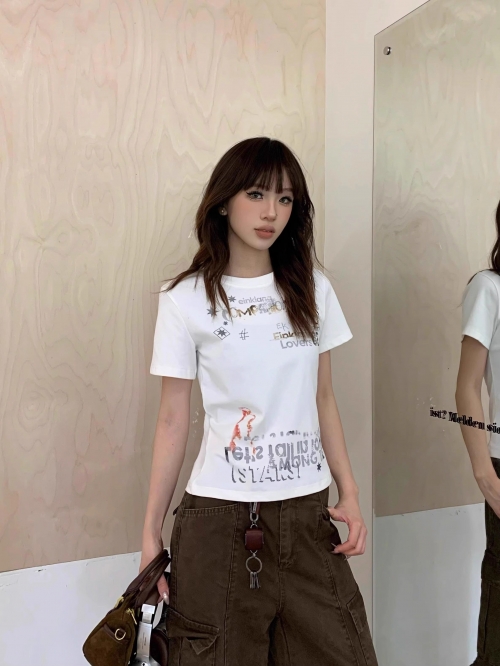 [1*1 Pure Cotton Regular Style] Printed Straight Shoulder Regular Short Sleeve High Elasticity New Summer Slim Fit