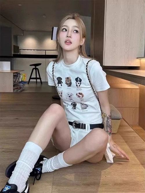 [1*1 Pure Cotton Regular Style] Printed Straight Shoulder Regular Short Sleeve High Elasticity New Summer Slim Fit