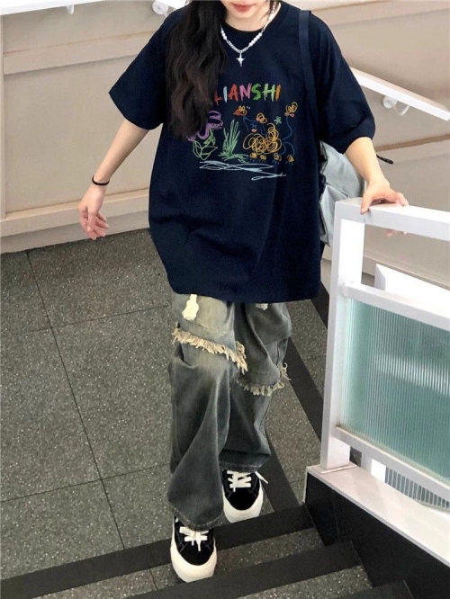 High-quality pure cotton 200g combed 100% cotton loose short-sleeved T-shirt for women