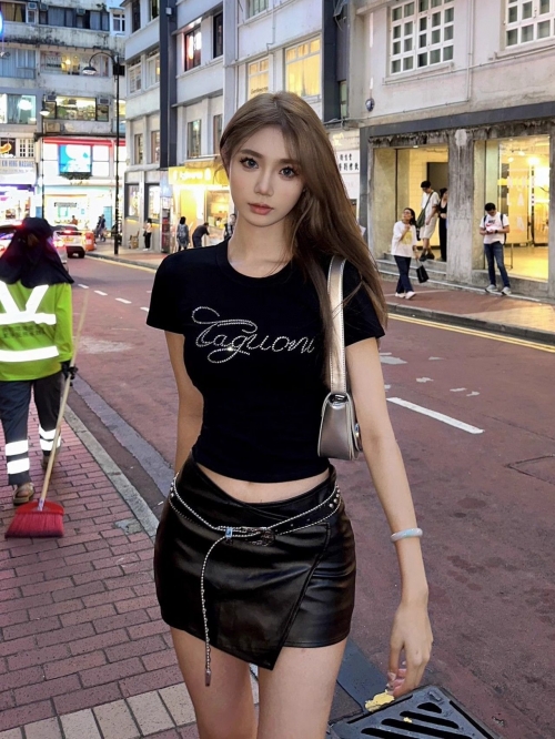 1*1 Pure Cotton High Elasticity Summer New Style Rhinestone American Retro Short-Sleeve Elastic Slim Fit Short Top