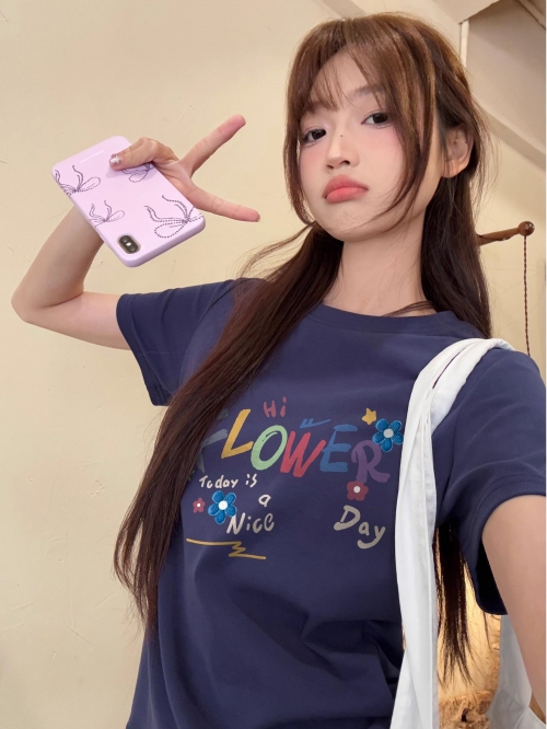 [1*1 Pure Cotton Regular Style] Printed Straight Shoulder Regular Short Sleeve High Elasticity New Summer Slim Fit