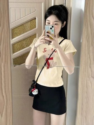 [1*1 Pure Cotton Regular Style] Printed Straight Shoulder Regular Short Sleeve High Elasticity New Summer Slim Fit