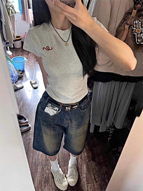 1*1 Pure Cotton High Elasticity New Summer Short-Sleeved Top, Fits Well with High-Waisted Pants, Slimming and Stylish