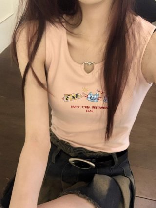[Shoulder and Collar Cover] Summer Dopamine Outfit: Sleeveless T-shirt, American Style Short Hot Girl Slim Fit Tank Top