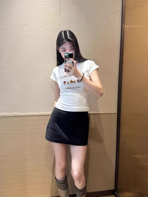 [1*1 Pure Cotton Regular Style] Printed Straight Shoulder Regular Short Sleeve High Elasticity New Summer Slim Fit