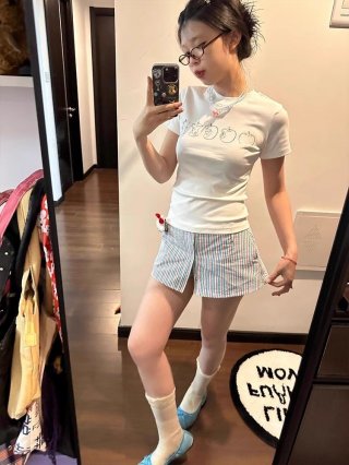 [1*1 Pure Cotton Regular Style] Printed Straight Shoulder Regular Short Sleeve High Elasticity New Summer Slim Fit