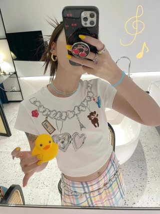 [1*1 Pure Cotton Regular Style] Printed Straight Shoulder Regular Short Sleeve High Elasticity New Summer Slim Fit