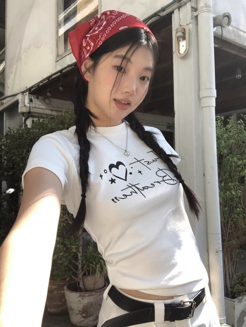 [1*1 Pure Cotton Regular Style] Printed Straight Shoulder Regular Short Sleeve High Elasticity New Summer Slim Fit