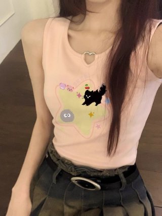 [Shoulder and Collar Cover] Summer Dopamine Outfit: Sleeveless T-shirt, American Style Short Hot Girl Slim Fit Tank Top