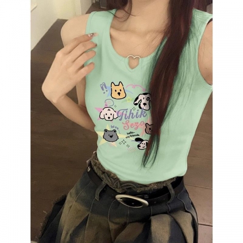 [Shoulder and Collar Cover] Summer Dopamine Outfit: Sleeveless T-shirt, American Style Short Hot Girl Slim Fit Tank Top