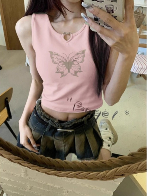 [Shoulder and Collar Cover] Summer Dopamine Outfit: Sleeveless T-shirt, American Style Short Hot Girl Slim Fit Tank Top