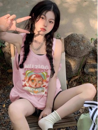 [Shoulder and Collar Cover] Summer Dopamine Outfit: Sleeveless T-shirt, American Style Vest, Sleeveless Top