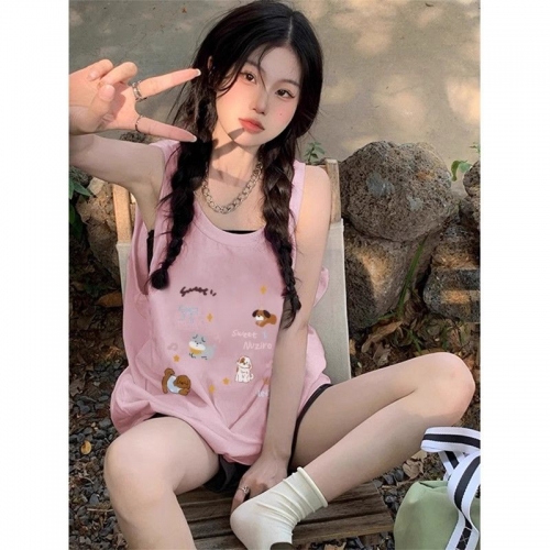 [Shoulder and Collar Cover] Summer Dopamine Outfit: Sleeveless T-shirt, American Style Vest, Sleeveless Top