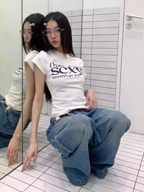 [1*1 Pure Cotton Regular Style] Printed Straight Shoulder Regular Short Sleeve High Elasticity New Summer Slim Fit