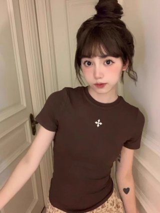 [1*1 Pure Cotton Regular Style] Printed Straight Shoulder Regular Short Sleeve High Elasticity New Summer Slim Fit