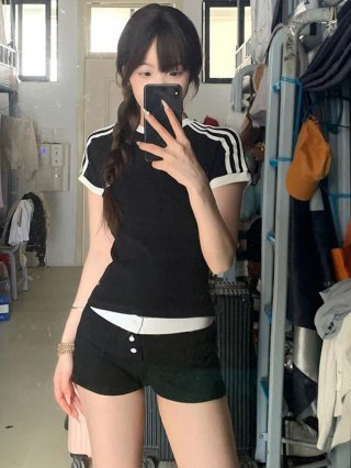 [1*1 Pure Cotton Regular Style] Regular Short-Sleeve High Elasticity New Summer Slim Fit with Three Stripes