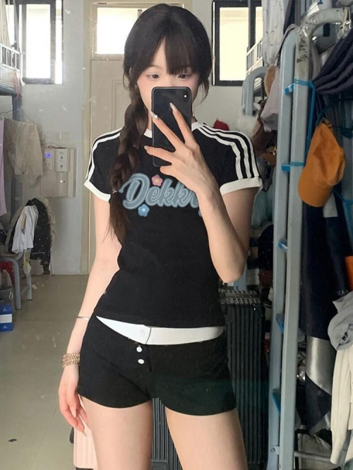 [1*1 Pure Cotton Regular Style] Regular Short-Sleeve High Elasticity New Summer Slim Fit with Three Stripes