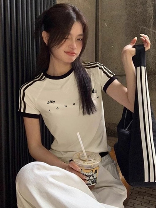 [1*1 Pure Cotton Regular Style] Regular Short-Sleeve High Elasticity New Summer Slim Fit with Three Stripes